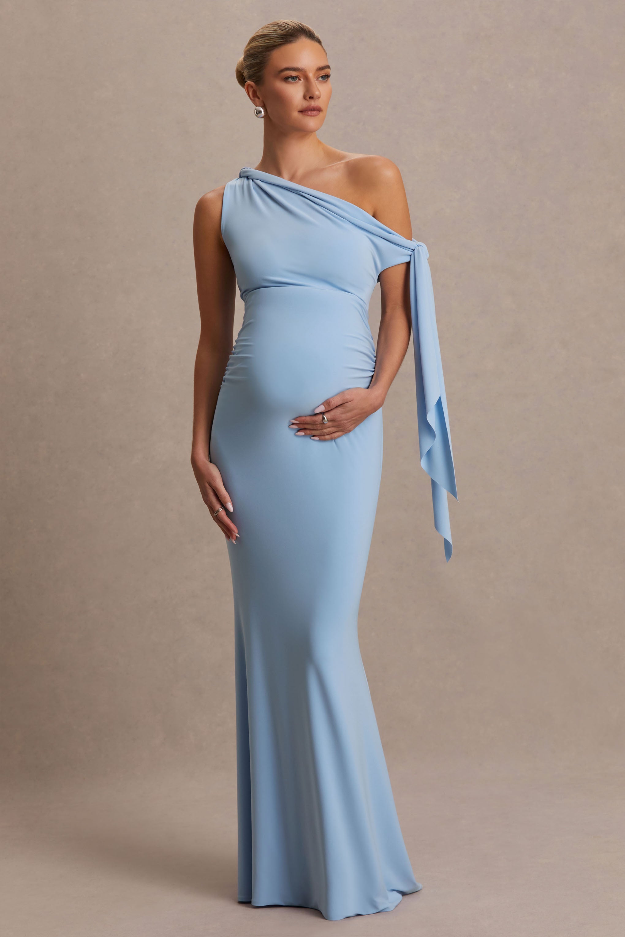 Orielle | Powder Blue Asymmetric-Neck Maternity Maxi Dress With Knot-Sleeve And Sash