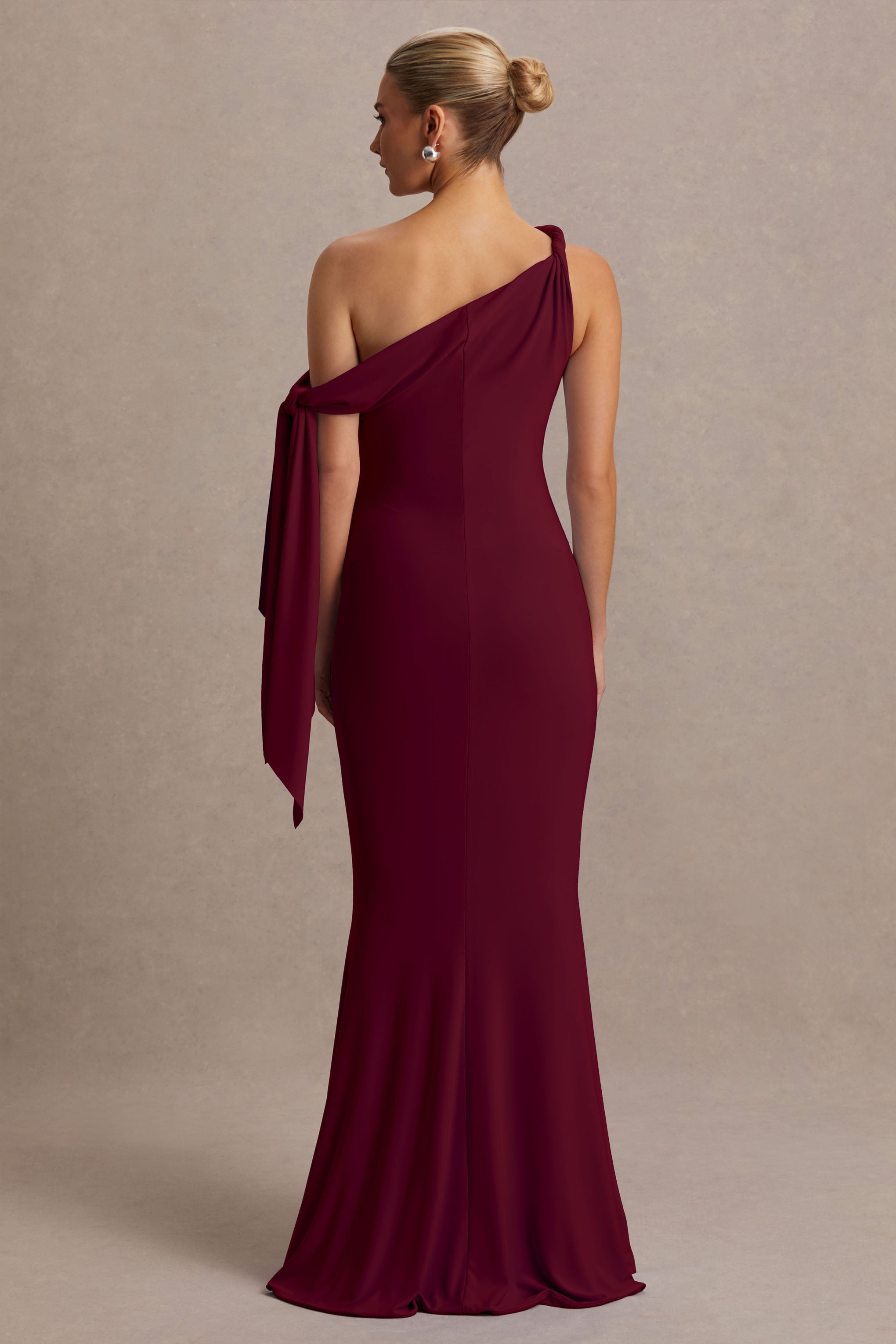 Orielle | Burgundy Asymmetric-Neck Maternity Maxi Dress With Knot-Sleeve And Sash