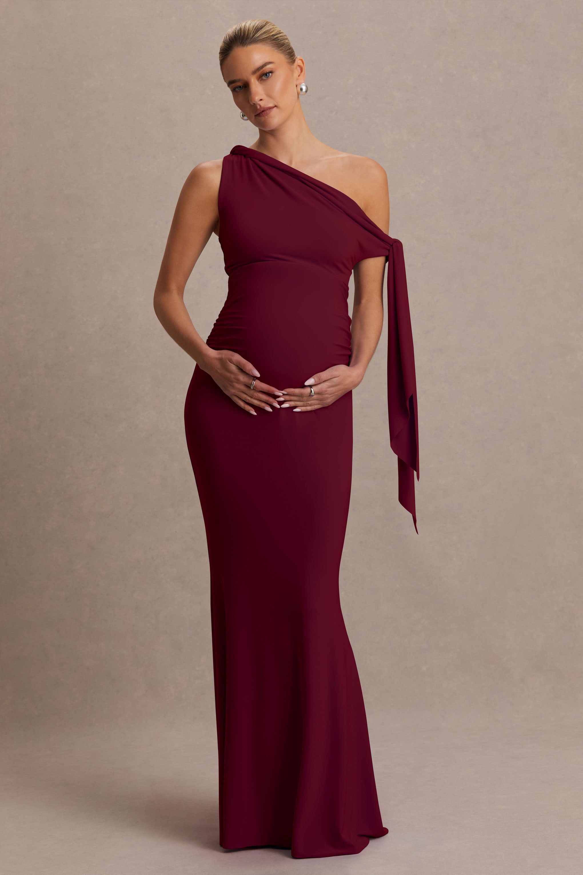 Orielle | Burgundy Asymmetric-Neck Maternity Maxi Dress With Knot-Sleeve And Sash