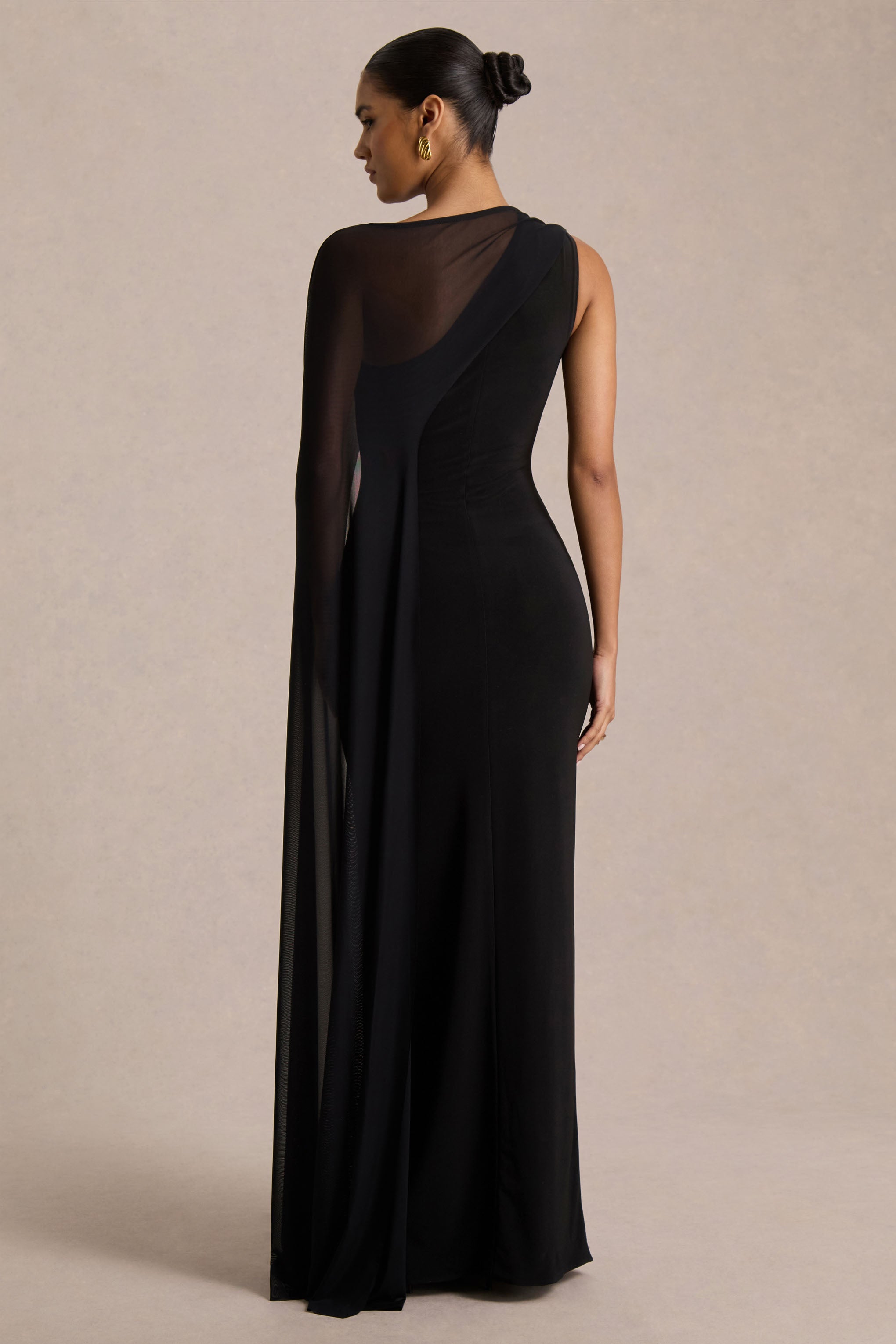 Mirelle | Black Asymmetric-Neck Maxi Dress With Sheer Cape-Sleeve