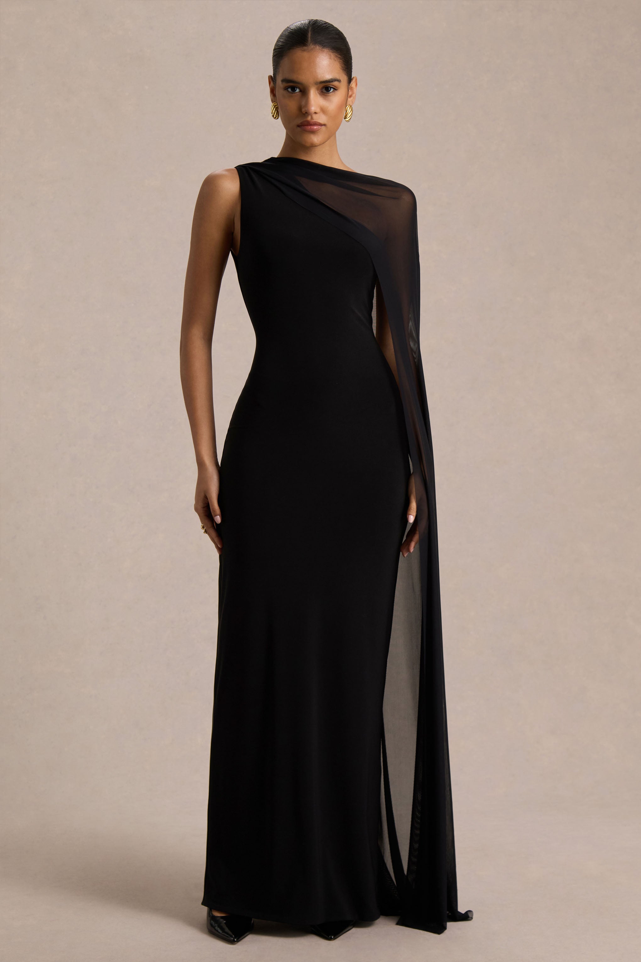 Mirelle | Black Asymmetric-Neck Maxi Dress With Sheer Cape-Sleeve