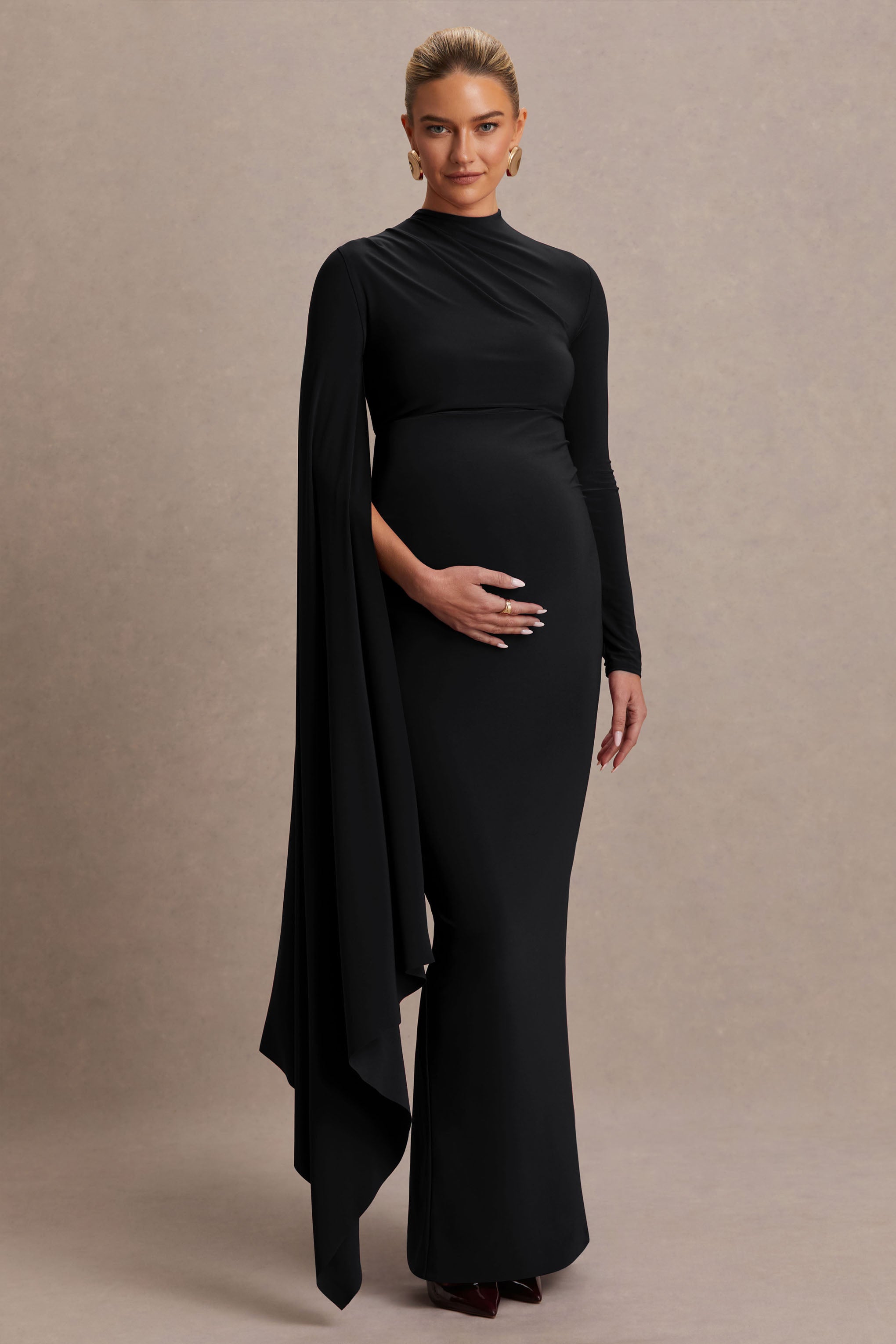 Lavinia | Black High-Neck Maternity Maxi Dress With Cape-Sleeve